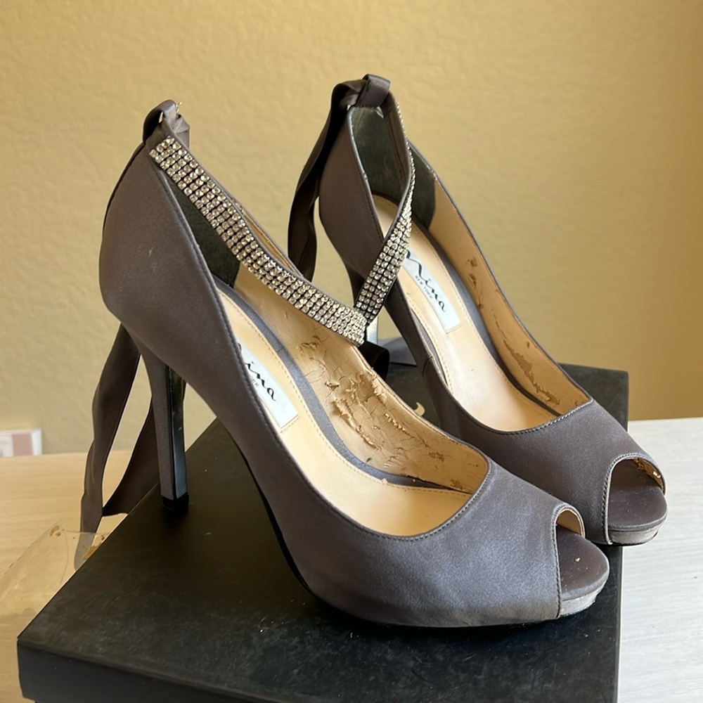 Nina Gray Stiletto Heels with Ankle Strap